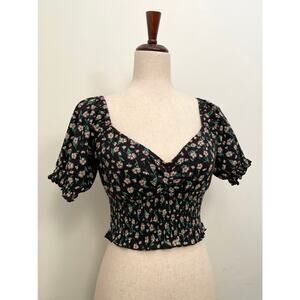 Billabong Smocked Puff Sleeve Floral Top Womens S Black Pebble Love Song Crop